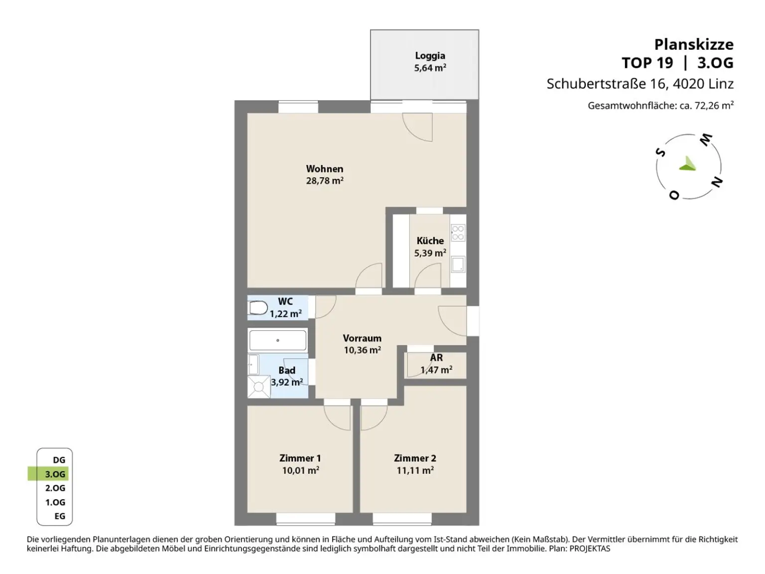 Gut aufgeteilte 3-Zimmer Wohnung mit Innenhof-Loggia und Küche!