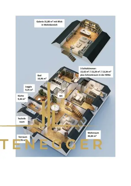 3D Rendering Wohnebene + Galerie