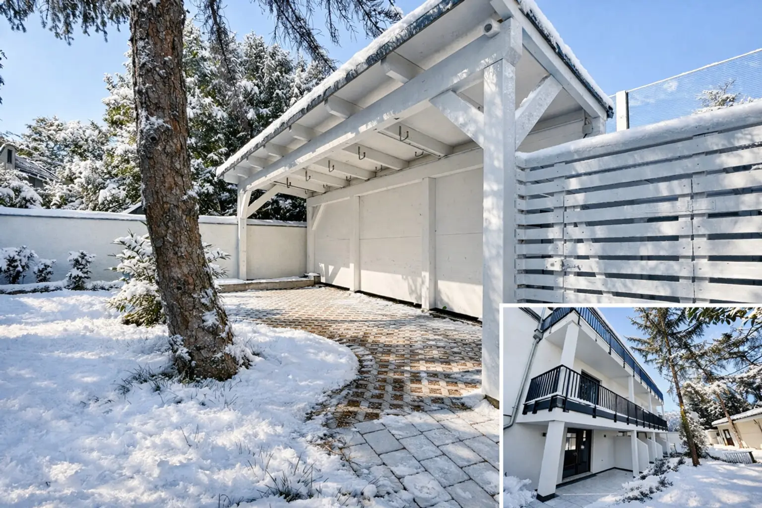 Schnee_Fahrradabstellraum und Gartenansicht