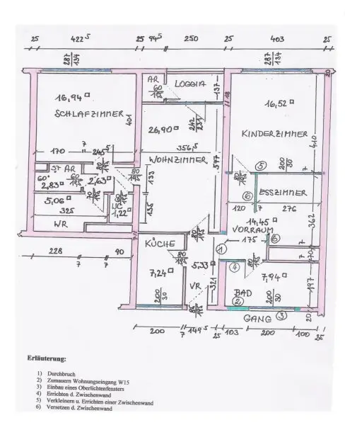 Wohnungsumbauplan nach Zusammenlegung