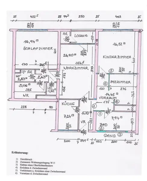 Wohnungsumbauplan nach Zusammenlegung
