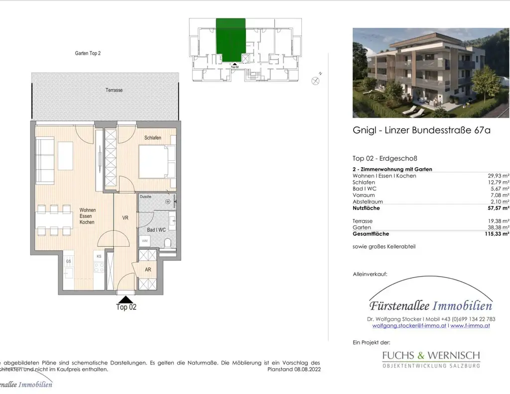 !!! NEUE WOHNBAUFÖRDERUNG !!! KAUF SALZBURG-STADT: NEUBAU/ERSTBEZUG - LINZER BUNDESSTRASSE 67: 58 m² 2-Zimmer-Gartenwohnung - mit 58 m² Eigengarten und Terrasse - Top W 2 - bezugsfertig binnen 4-6 Wochen