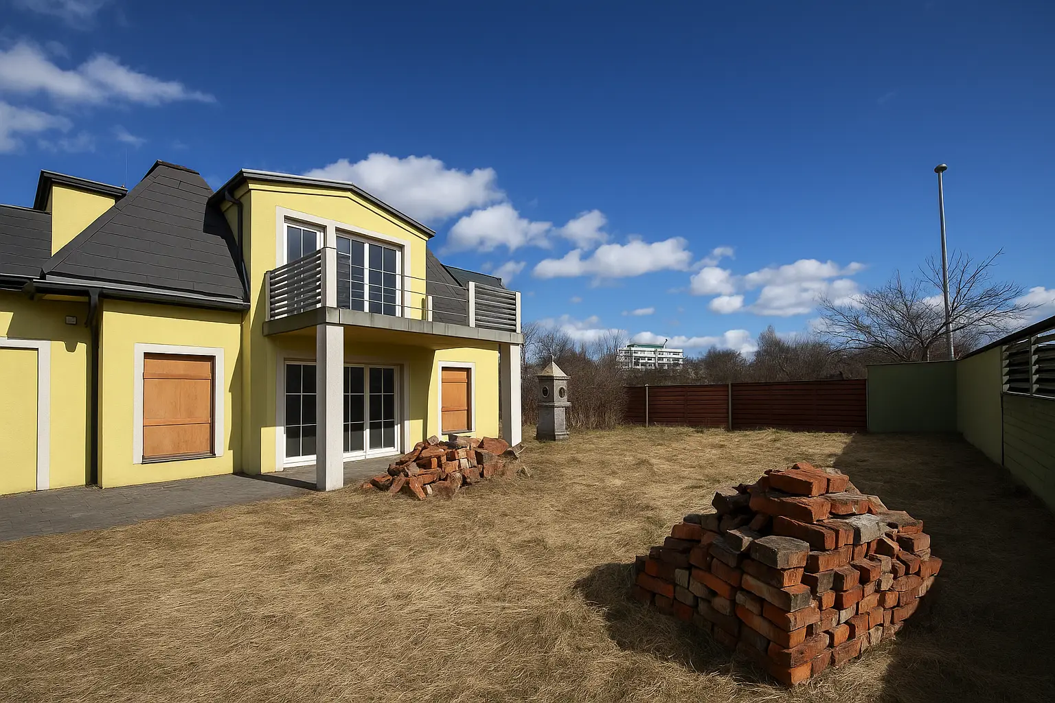 Gartenansicht, das Haus ist noch fertigzustellen, das können Sie in Eigenleistung günstig schaffen