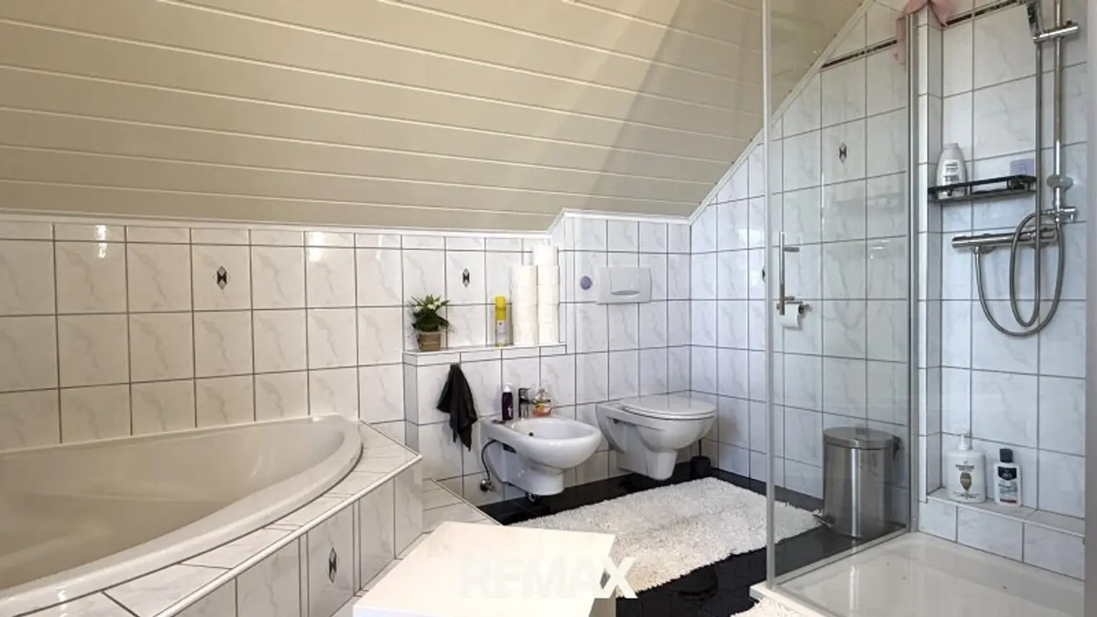 Dusche, WC und Eckbadewanne