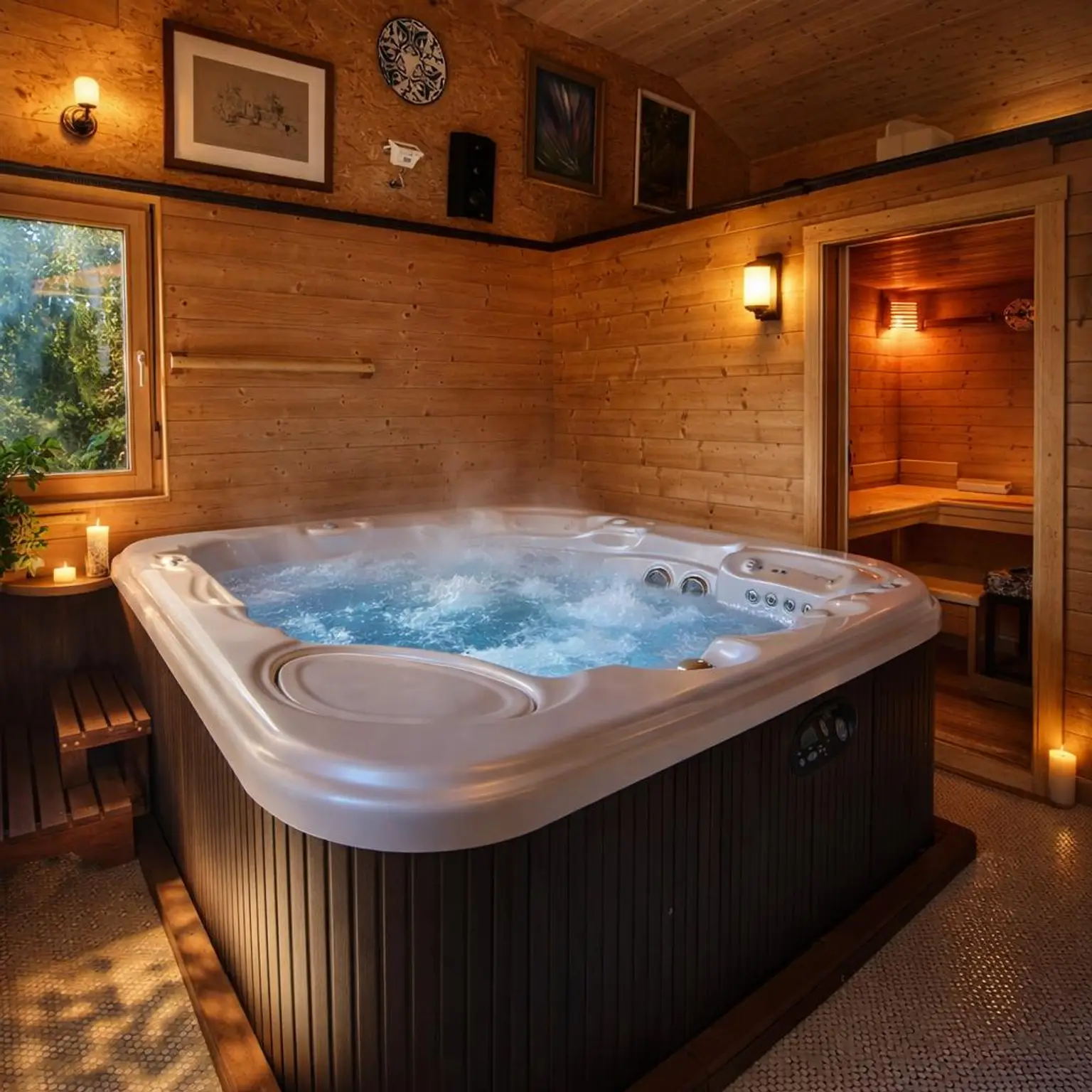 Wellnessbereich mit Jacuzzi und Dusche
