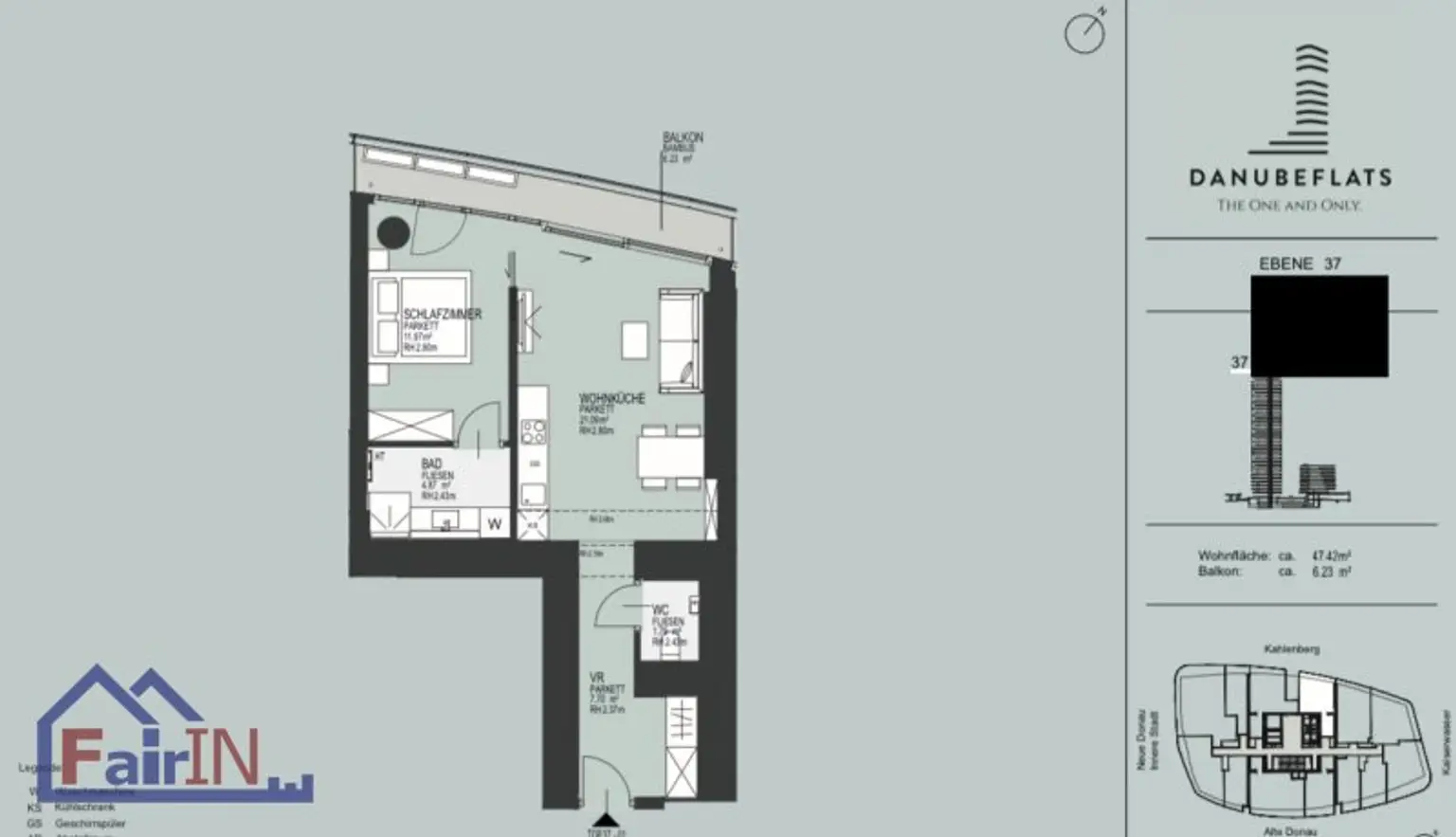 DANUBEFLATS: Exklusive 2-Zimmer-Wohnung mit Balkon im 37. Stock***