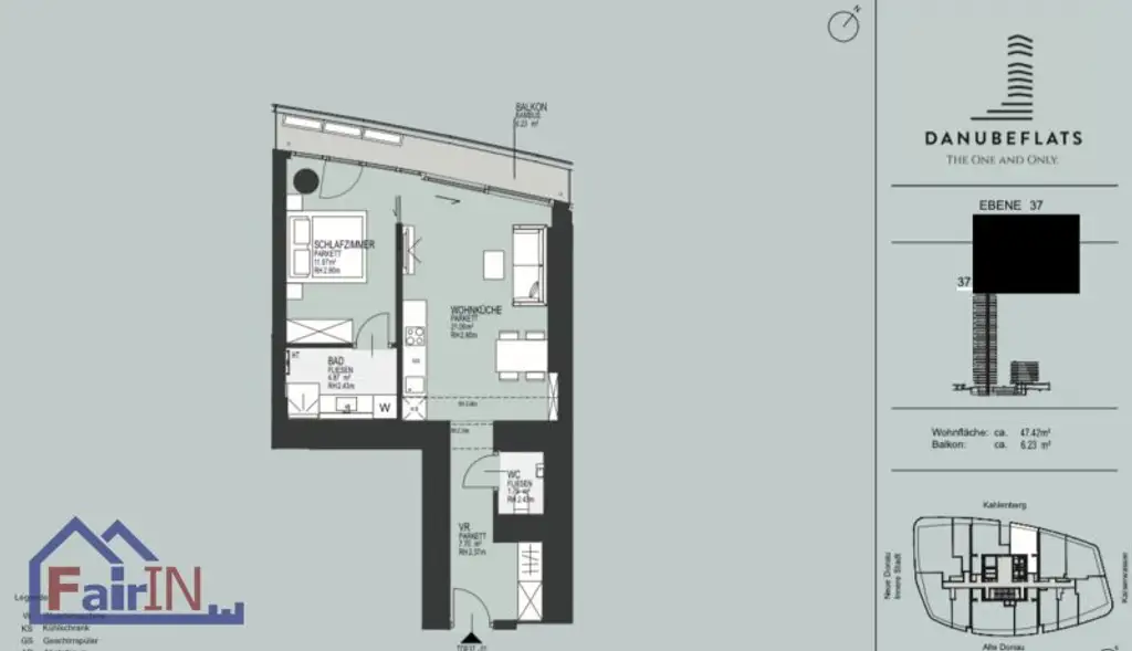 DANUBEFLATS: Exklusive 2-Zimmer-Wohnung mit Balkon im 37. Stock***