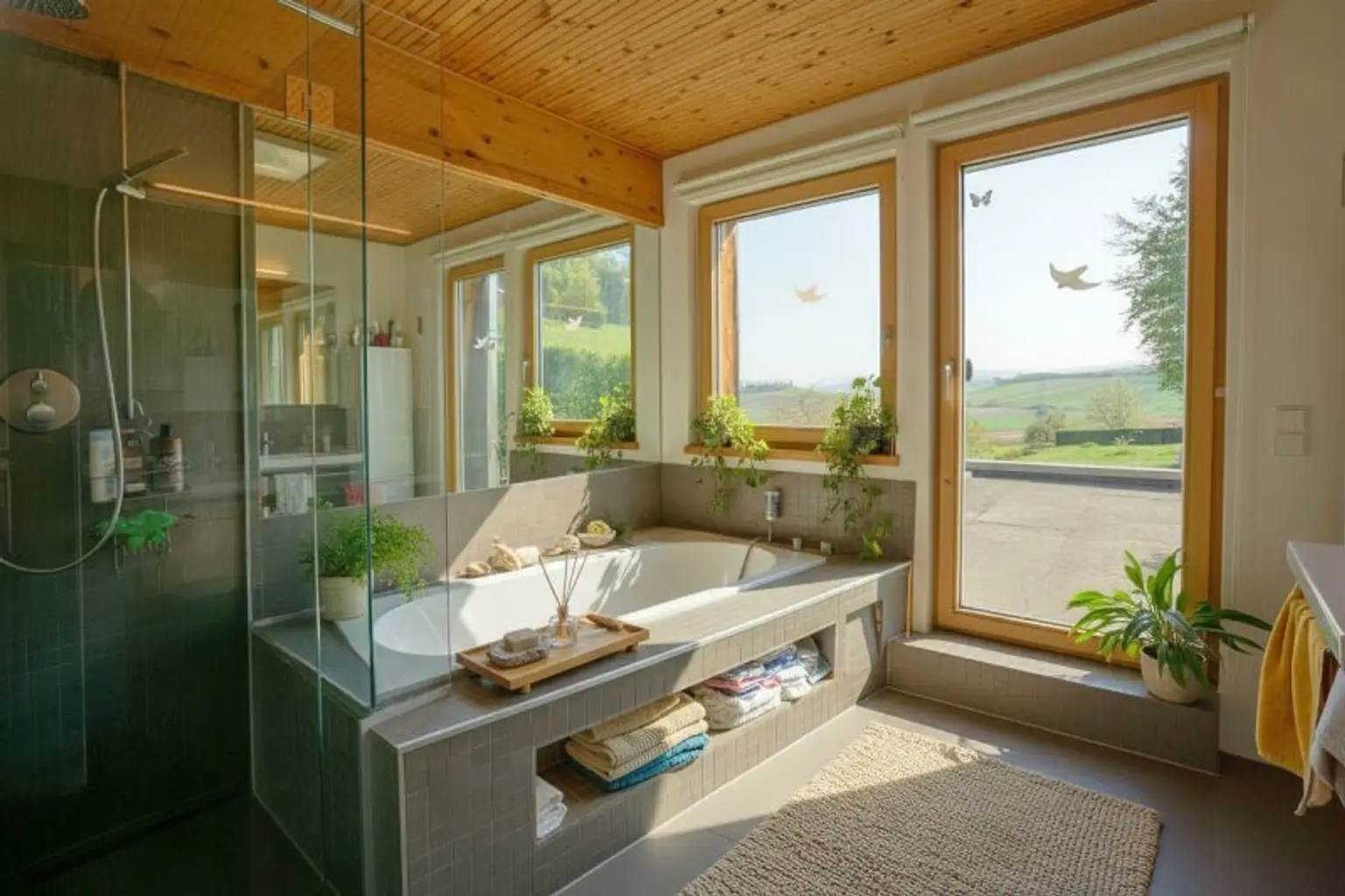 Familienbad mit Wanne, Dusche, Doppelwaschbecken