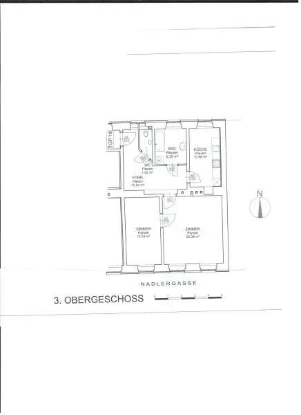 LAZARETTGASSE - NADLERGASSE, AKH-Nähe, sonnige 68 m2 Altbau, 2 Zimmer, Wohnküche, Wannenbad, Parketten, SAT/TV, 3. Liftstock