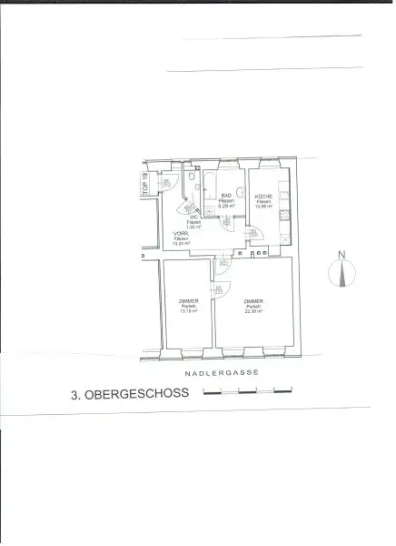 LAZARETTGASSE - NADLERGASSE, AKH-Nähe, sonnige 68 m2 Altbau, 2 Zimmer, Wohnküche, Wannenbad, Parketten, SAT/TV, 3. Liftstock