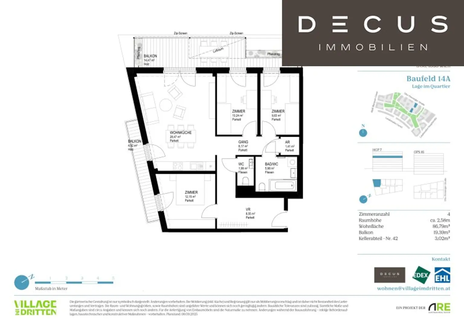 | VIER ZIMMER | BALKON | NATÜRLICH DRAUSSEN | BAUFELD 14A | EIGENNUTZER | FERTIGSTELLUNG 2027 | VILLAGE IM DRITTEN