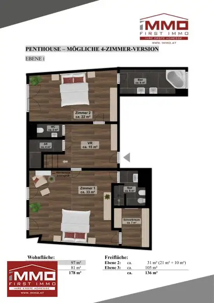 PENTHOUSE IM ZENTRUM VON KORNEUBURG MIT EINZIGARTIGER DACHTERRASSE UND 2 KFZ-STELLPLÄTZEN