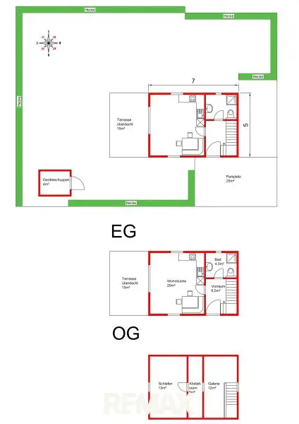 Skizze Grundriss, EG mit Garten und OG