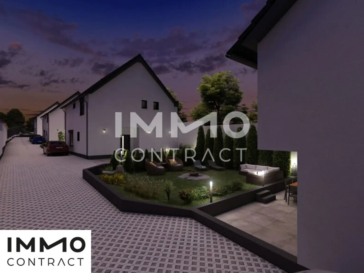 Gartenansicht Haus 1 Dämmerung