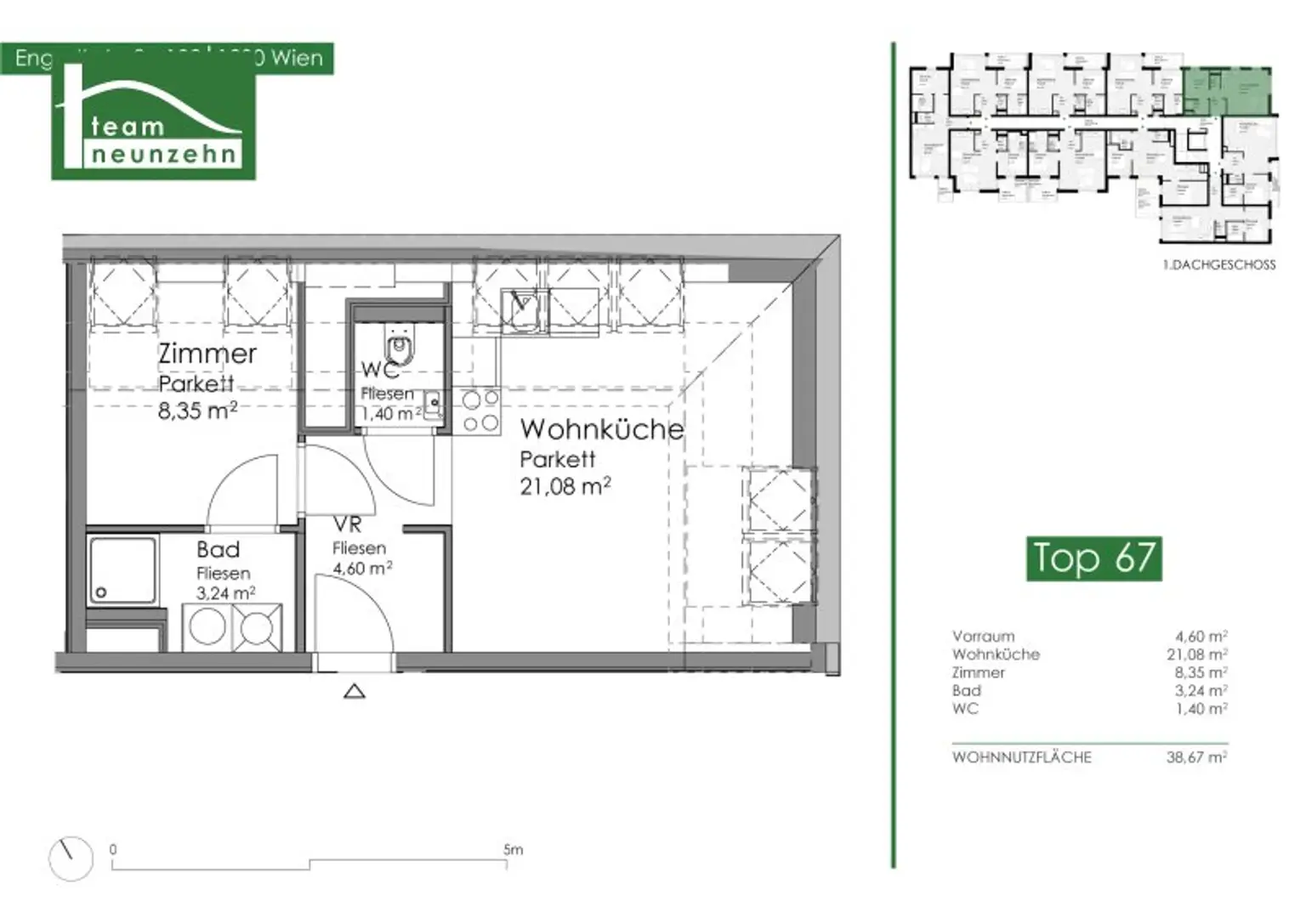 Klimatisierte Dachgeschoss-Wohnung mit Ausblick zur Donau! 5 Minuten zu U6 und S-Bahn Handelskai!