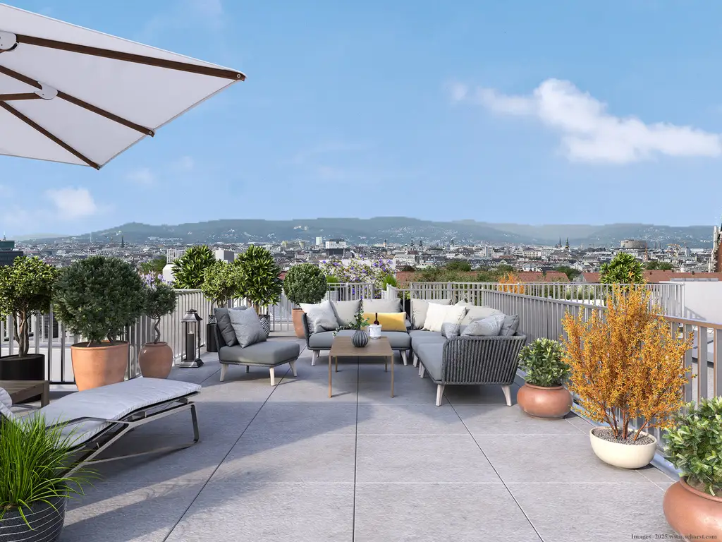 TOPLAGE NÄHE KUTSCHKERMARKT | EXKLUSIVE DACHGESCHOSSWOHNUNG MIT KLIMAANLAGE | TERRASSE | 360° BLICK ÜBER WIEN | ERSTBEZUG