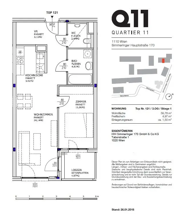 Q11 Leben in Simmering - 
Lichtdurchflutete Loggiawohnung mit 2 Zimmern und Deckenkühlung!