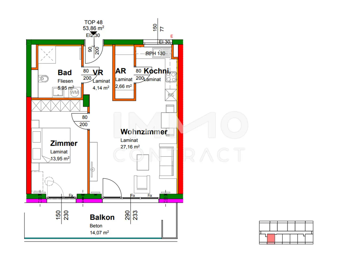 53,64qm 2ZI- Balkon-Wohnung