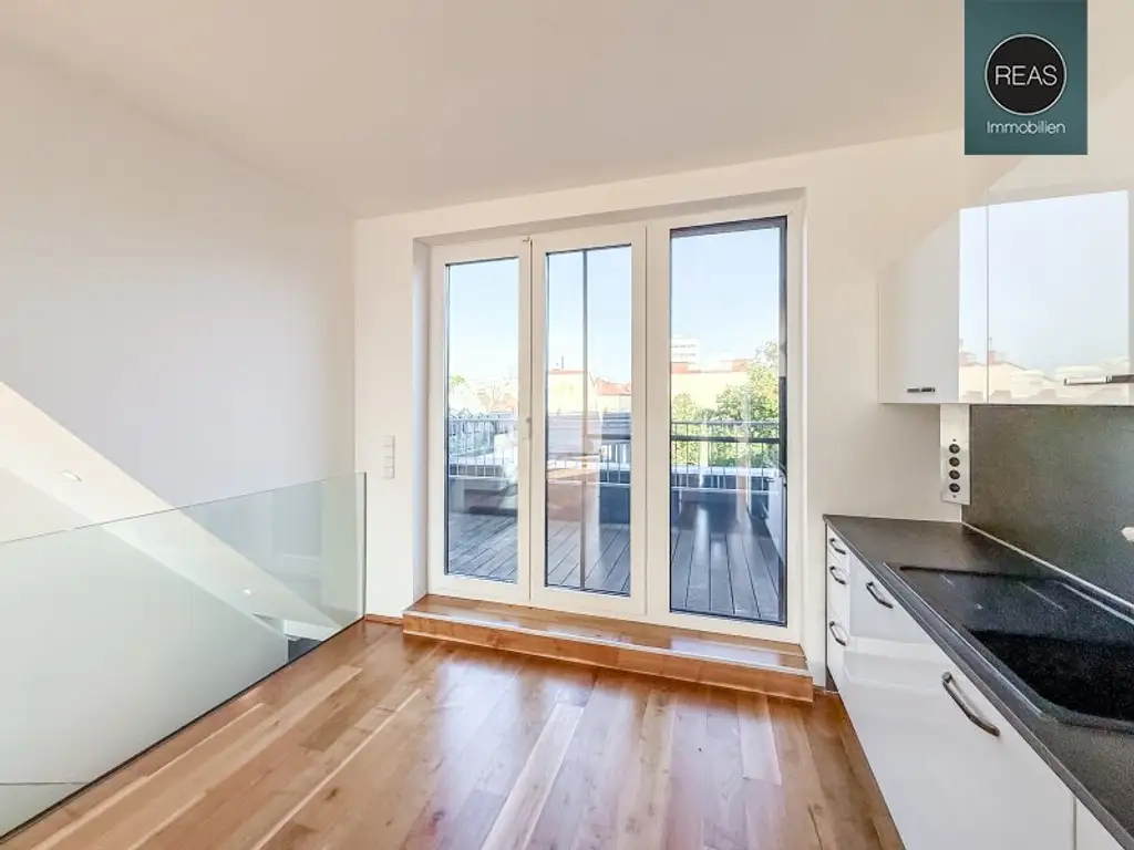 Provisionsfrei: Klimatisierte Dachgeschoss Maisonette mit 2 Terrassen und Kamin nahe Uno City!