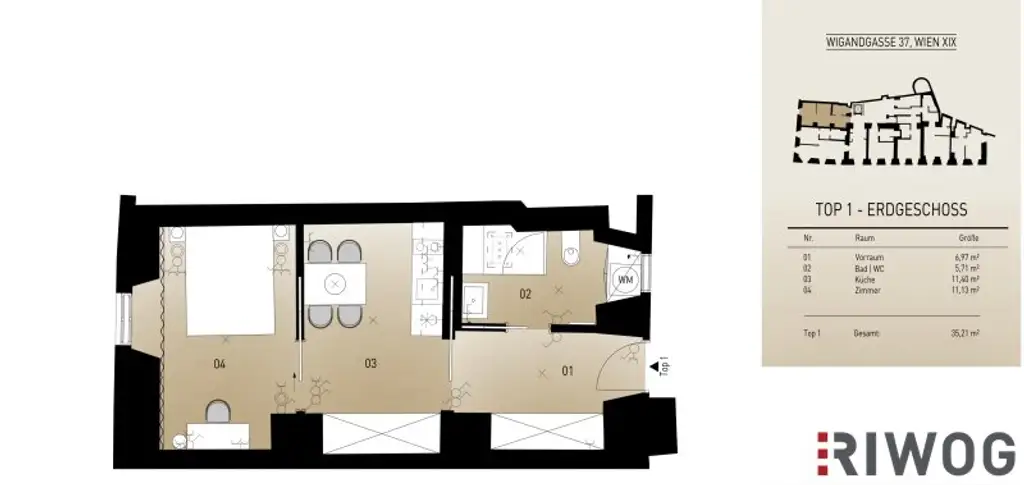 Stilvoller 37 m²-Altbau in 1190 – Gewölbedecken, Designbad & Einbauküche – Wohnen beim Weingarten