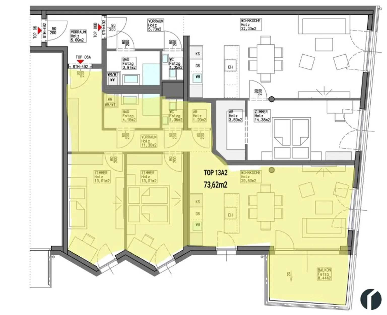 Wohnungsplan Top 13A2