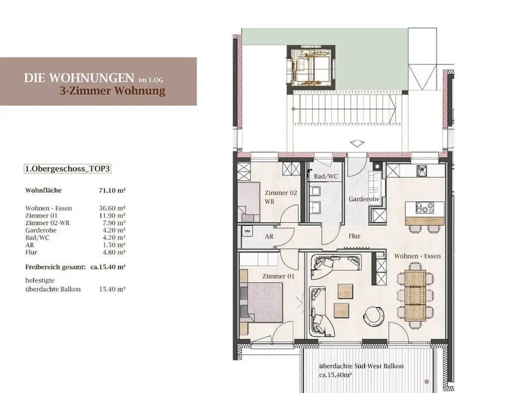 Neubau Eigentumswohnung mit großem südwestseitig überdachtem Balkon