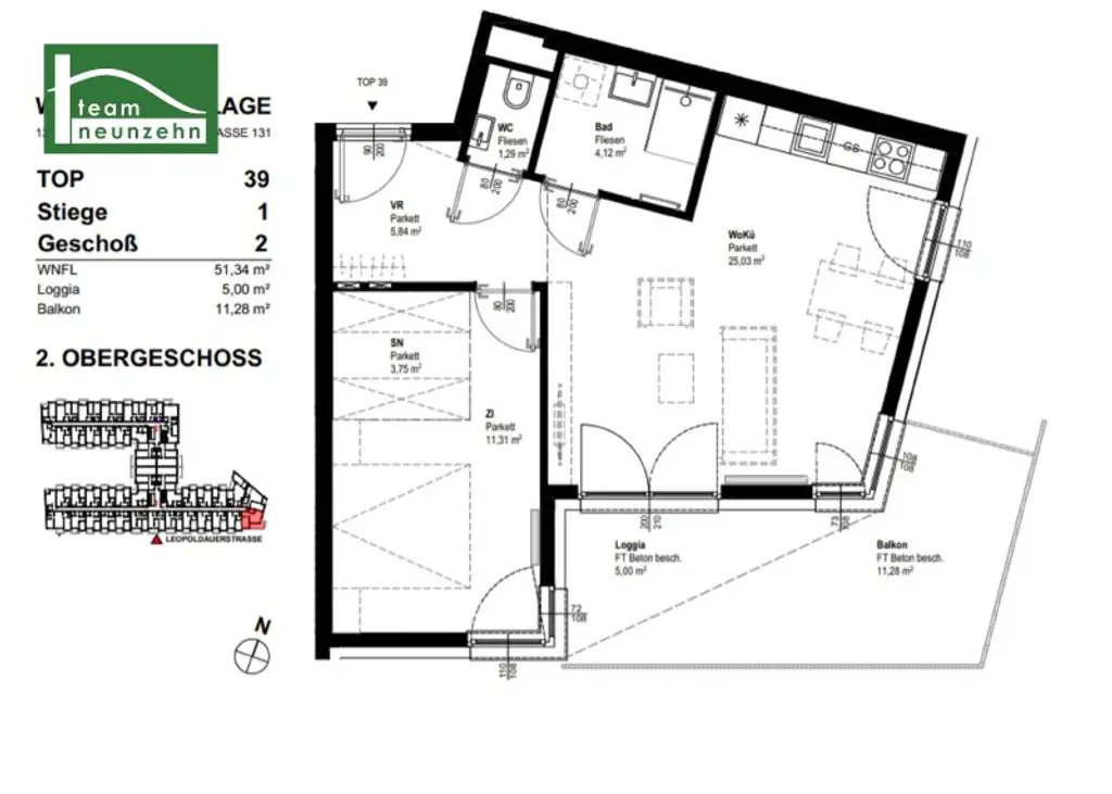 LEO 131 - Sonnige Eck-Wohnung mit großem Balkon und Einbauküche - U6 und S-Bahn Floridsdorf in 4 Busstationen
