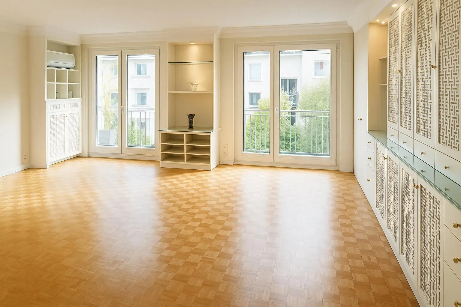 Wohnzimmer, Blick zur Loggia nach Süden