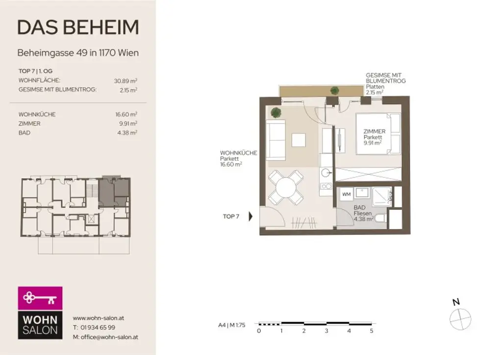 KOMPAKTE 2-ZIMMER WOHNUNG MIT GESIMSE UND BLUMENTRÖGEN