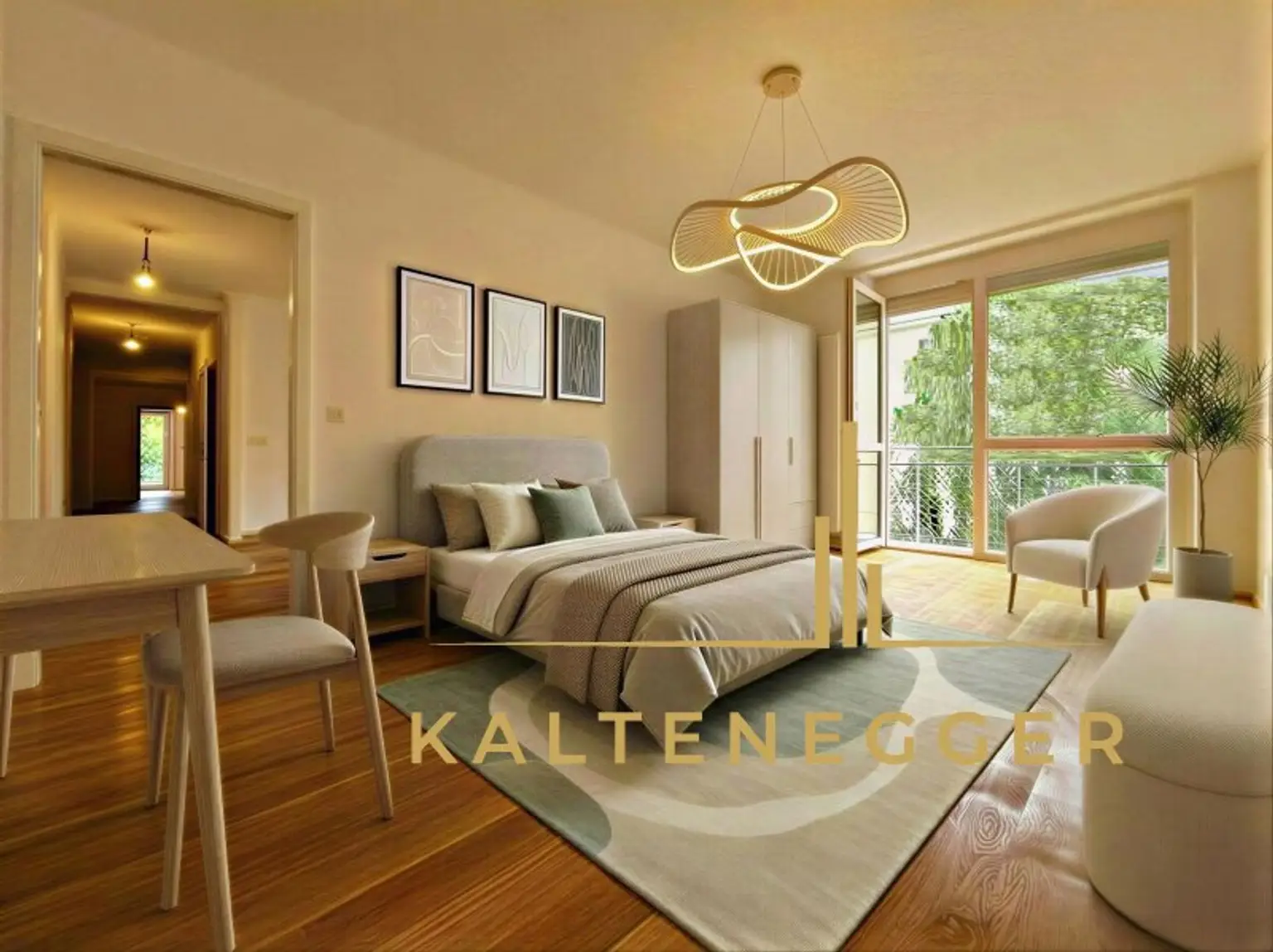 Schlafzimmer ca. 17,10 m² mit Ausgang auf den Balkon - KI bearbeitet