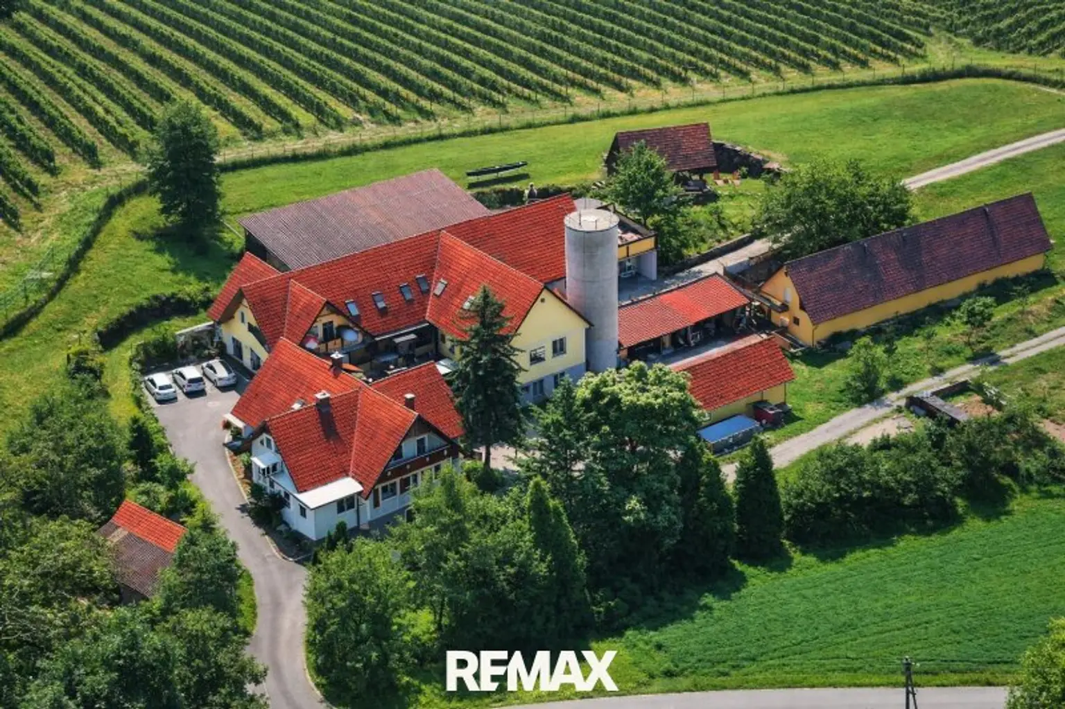 Bauernhof mit Weinhügel im Vordergrund