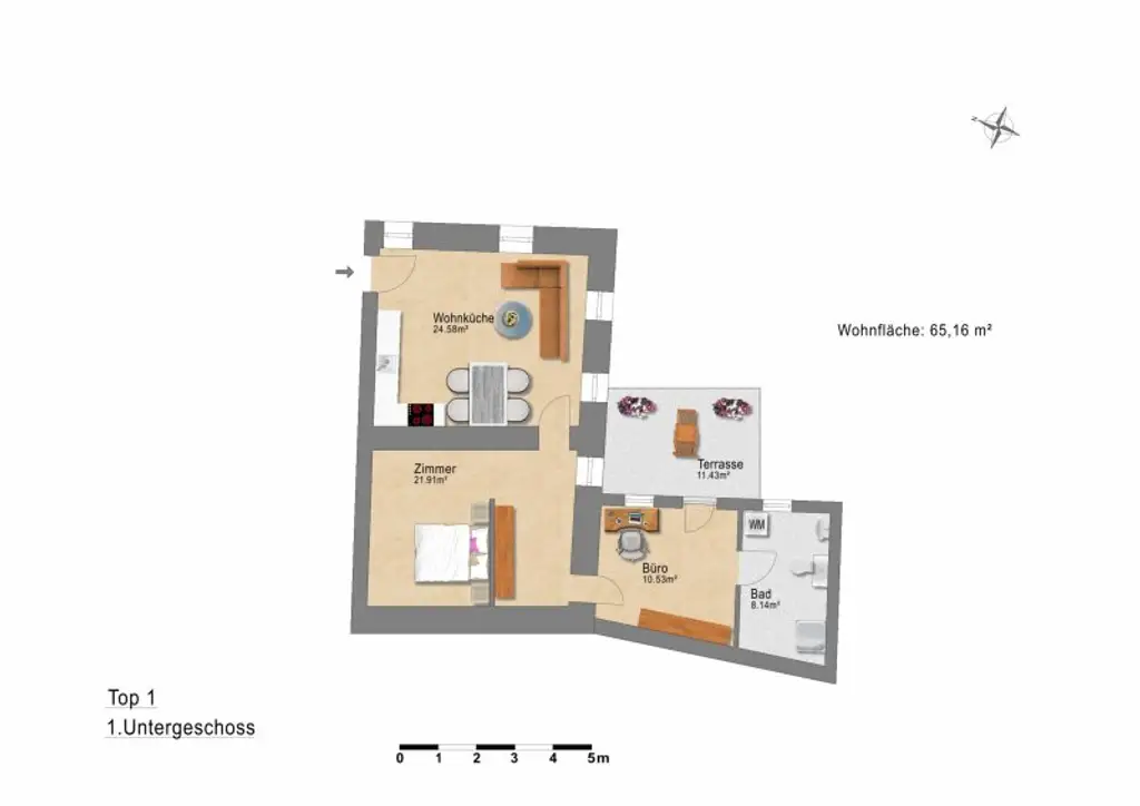 TOP W1: 2,5-Zimmer-Wohnung im Untergeschoss