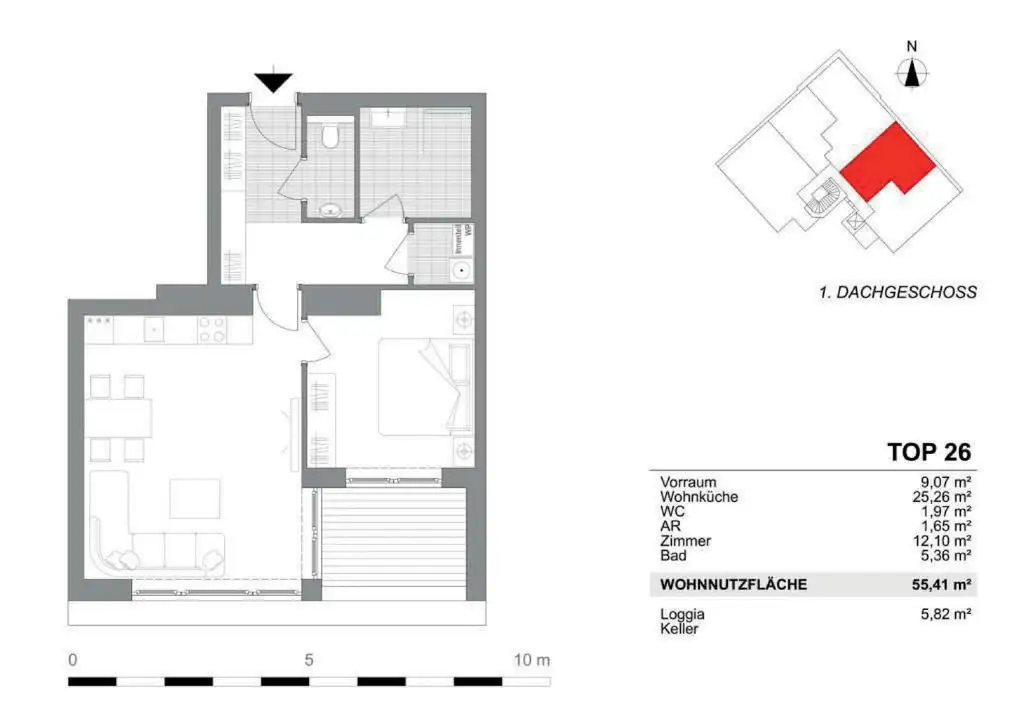 Modern Living im Erstbezug – Stilvolle 2-Zimmer-Dachgeschosswohnung mit Loggia & Klimakomfort