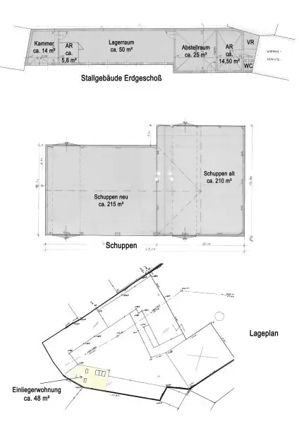 Grundriss Skizze Stallgebäude, Schuppen und Einliegerwohnung