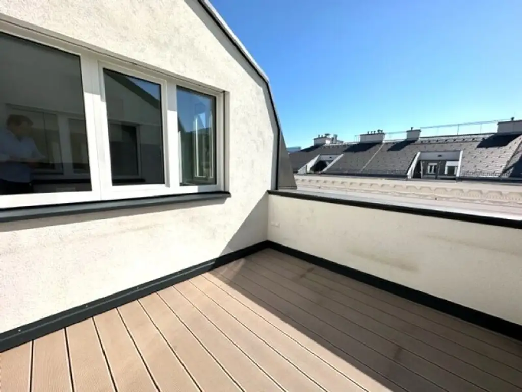 BÖRSE-NÄHE, klimatisiertes 98 m2 Dachgeschoss mit 9 m2 Terrasse, 3 Zimmer, Extraküche, 2 Bäder, Gonzagagasse