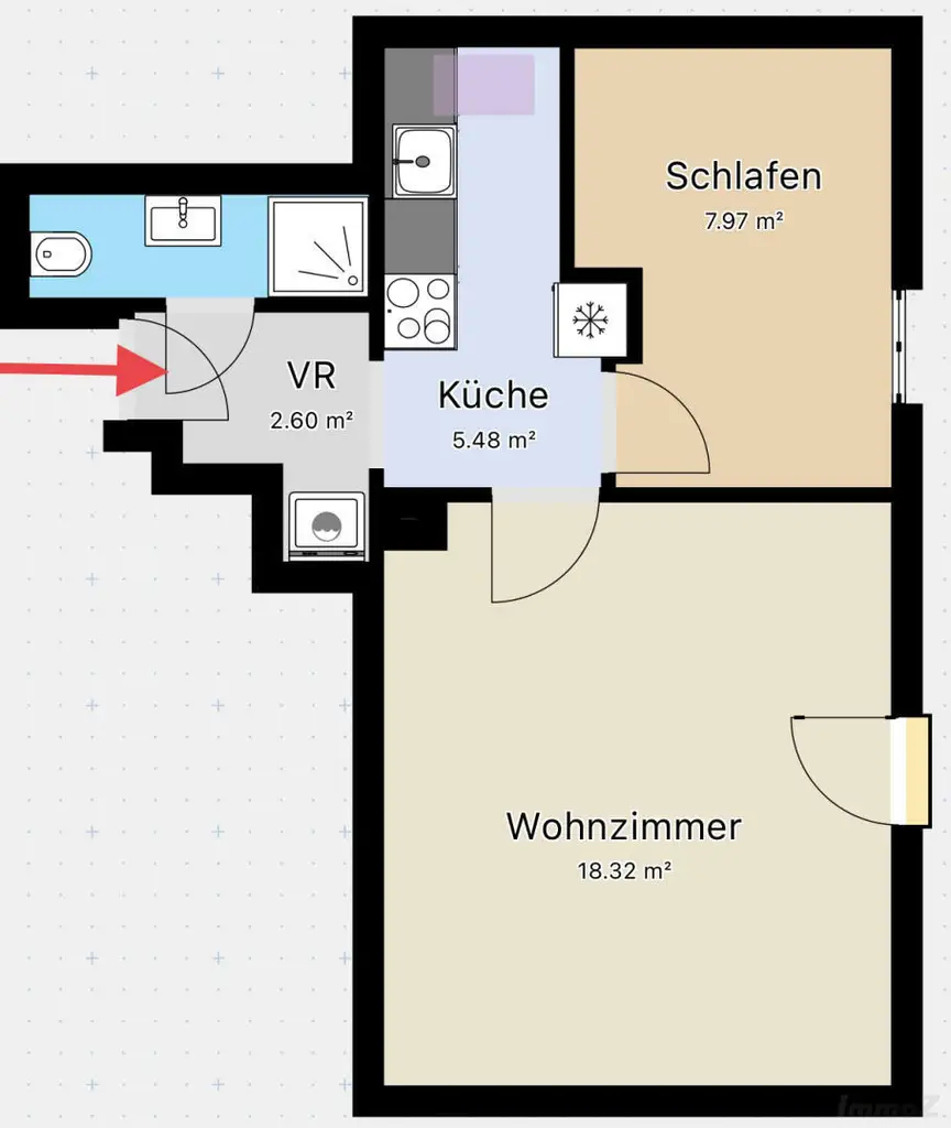 Kleine 2 Zimmer Wohnung im Dachgeschoss mit französischem Balkon.