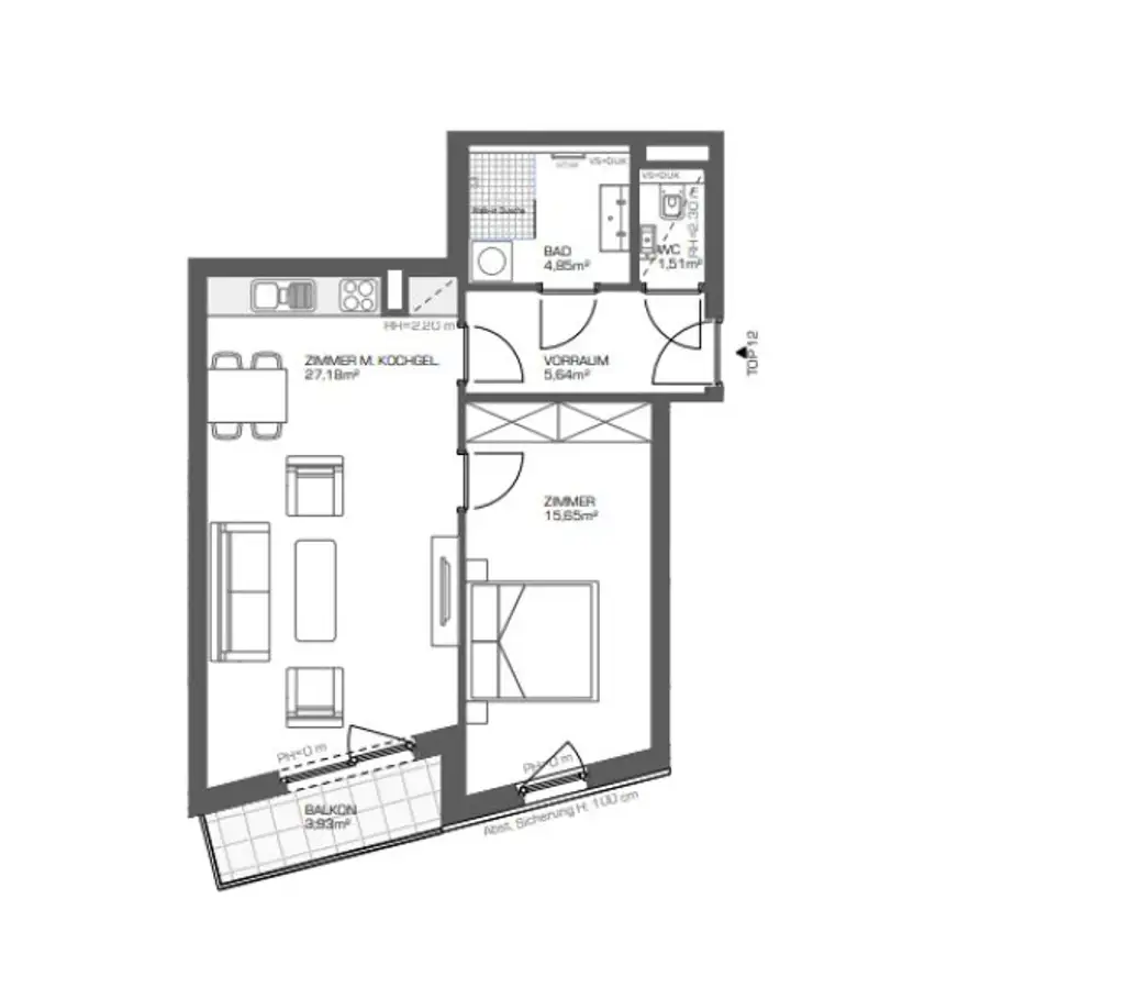 2-Zimmer-Wohnung mit moderner Küche, Balkon und Lift