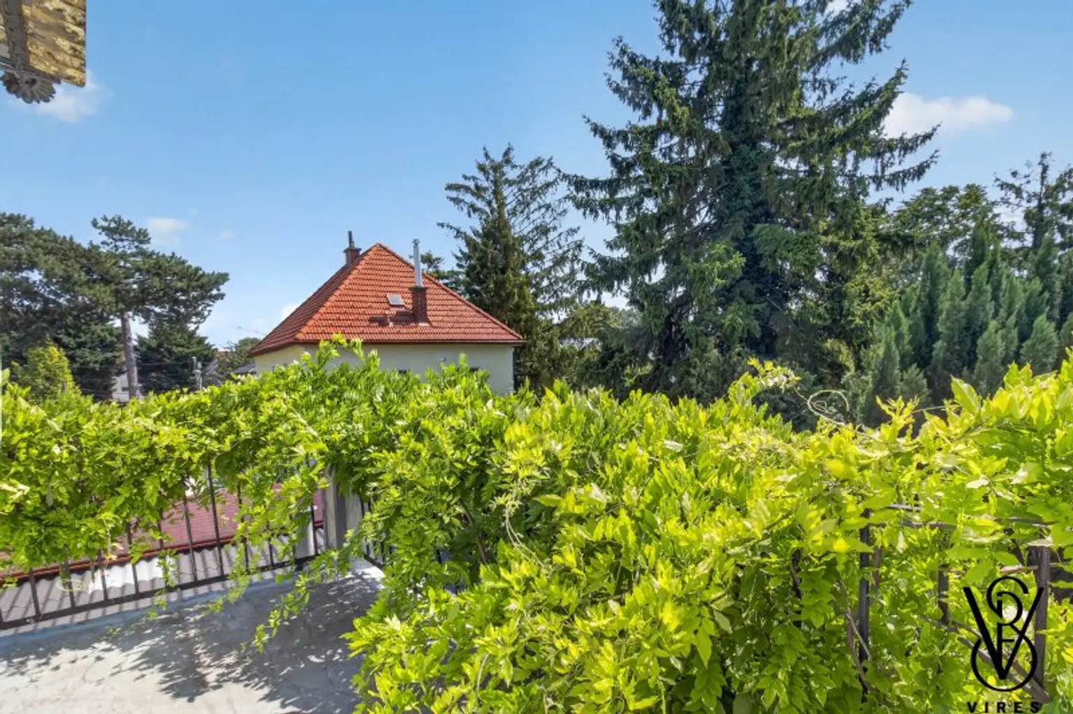 Dachgeschoss: Blick von der Dachterrasse ins Grüne