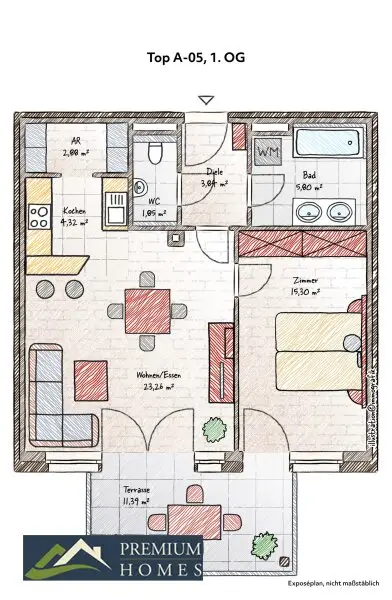 Grundriss Top A-05 im 1. OG mit großem Balkon