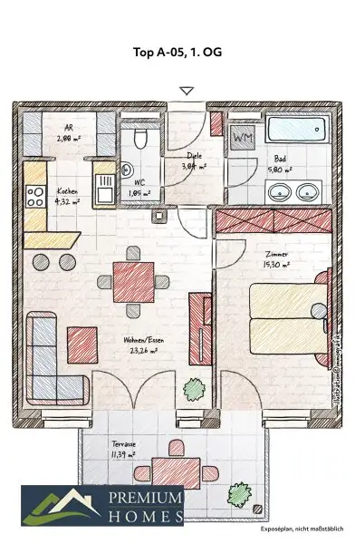 Grundriss Top A-05 im 1. OG mit großem Balkon