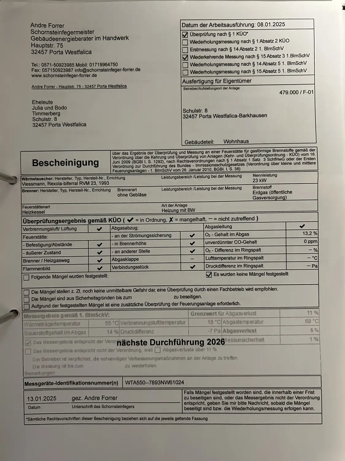 Meßbericht Schornsteinfeger