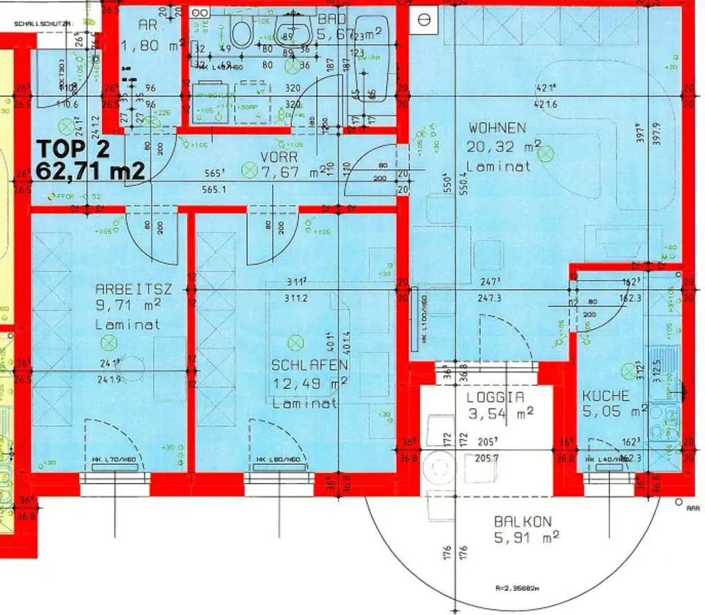 Mietwohnung (202) 62 m² mit Küche und Loggia / Balkon 9,54 m² Vermietung direkt vom Eigentümer keine Provision