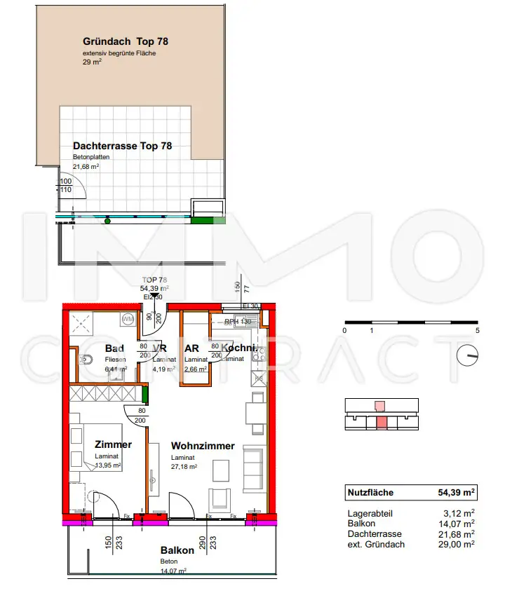 54,19qm 2ZI - Dachgeschoss 21,68qm Terrasse, 29qm Gründach u.14,07qm Balkon