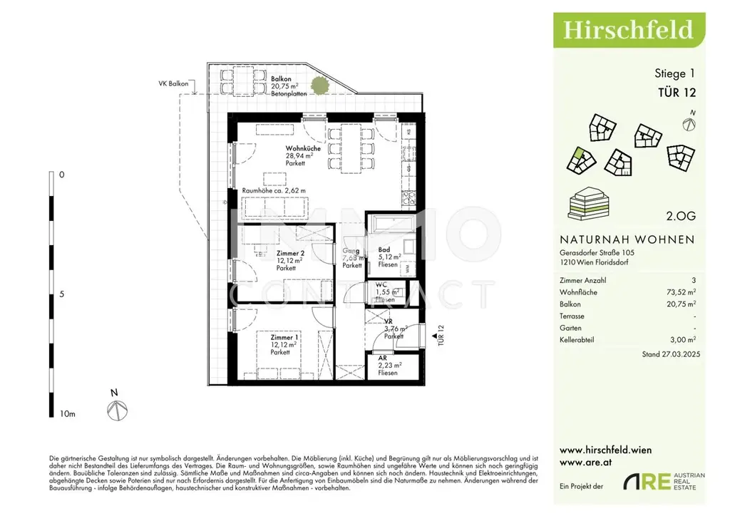Hirschfeld: U1 Leopoldau - Günstig und hochwertig: 3 Zimmer Wohnung mit Balkon