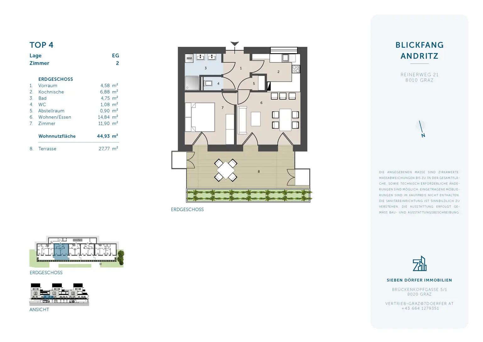 2-Zimmer-Terrassenwohnung im EG: ca. 44,93 m² WNF, ca. 27,77 m² Terrasse