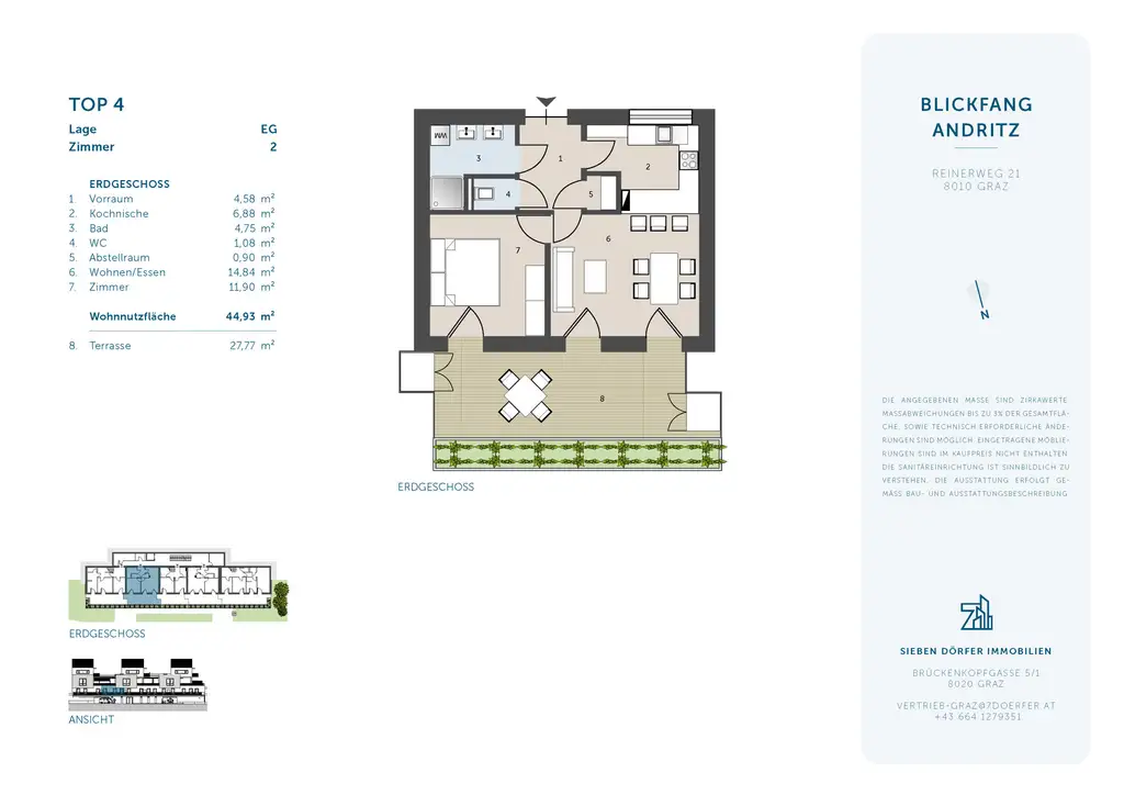2-Zimmer-Terrassenwohnung im EG: ca. 44,93 m² WNF, ca. 27,77 m² Terrasse
