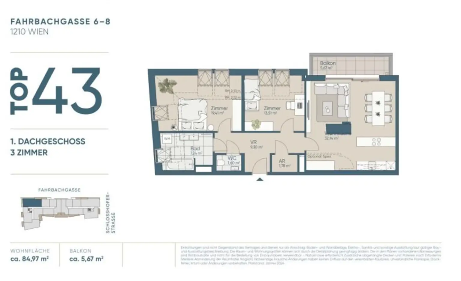 NEUBAU DACHGESCHOß-3-Zimmer-ERSTBEZUG mit Balkon in 1210 Wien! Top 2/43