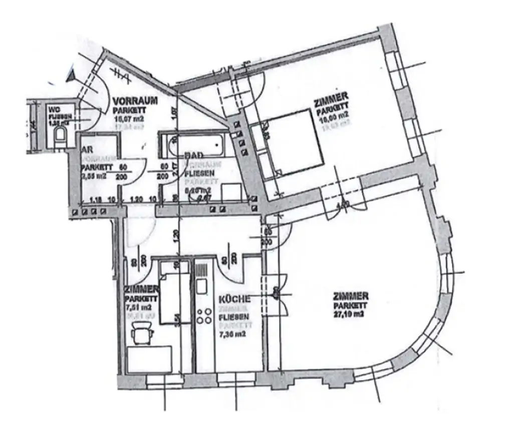 SIEBENBRUNNENPLATZ, gepflegte 85 m2 Altbau, 3 Zimmer, Küche, Wannenbad, Parketten, WG-geeignet, Reinprechtsdorfer Straße