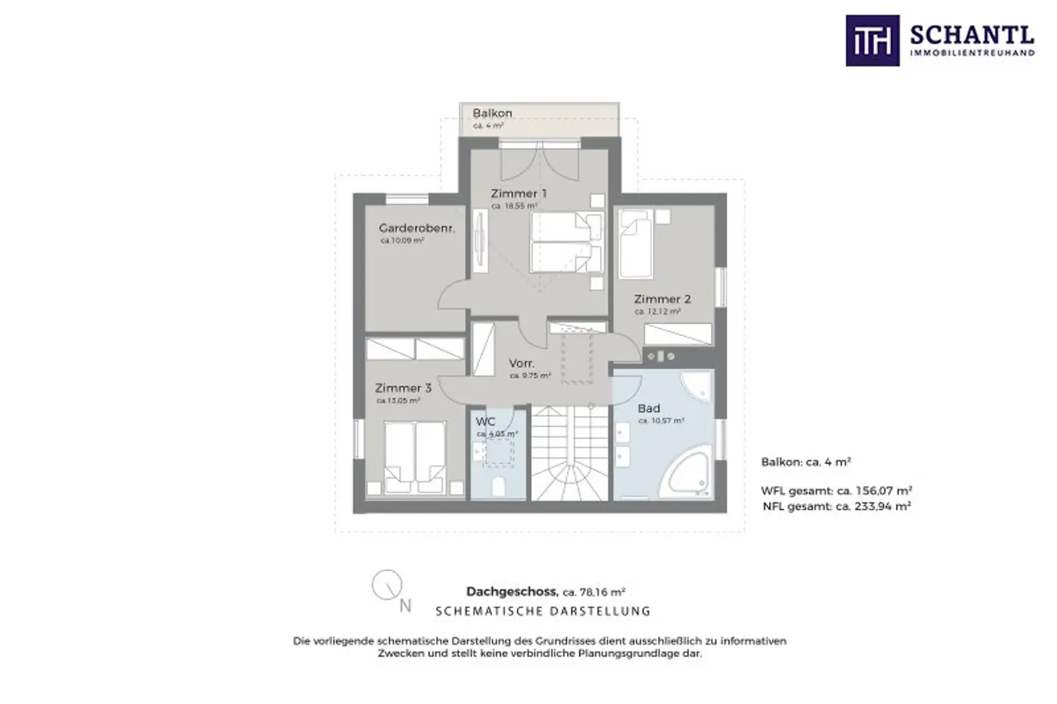Grundriss Dachgeschoss, schematische Darstellung