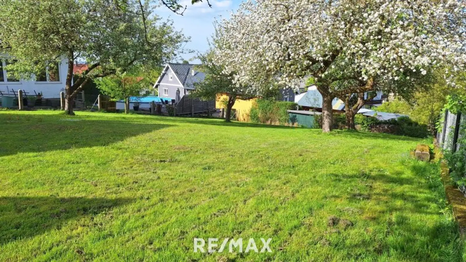 Blick von der Einfahrt über das Grundstück